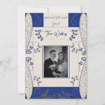 Invitación a la boda de Fantasía en azul y oro