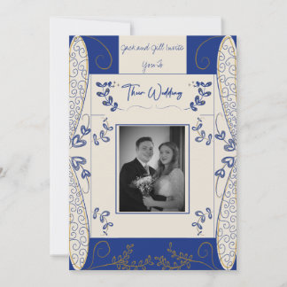 Invitación a la boda de Fantasía en azul y oro