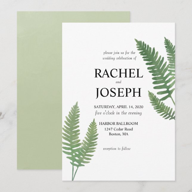 Invitación a la boda de fern acuarela (Anverso / Reverso)