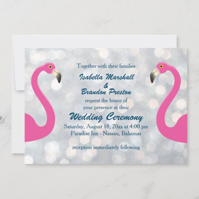 Invitación a la boda de flamingo con plata espumos (Anverso)