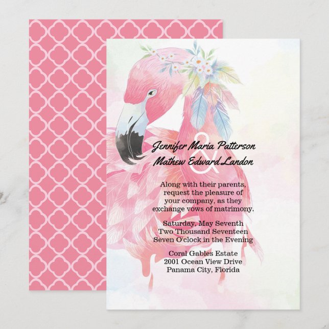 Invitación a la boda de flamingo rosado (Anverso / Reverso)