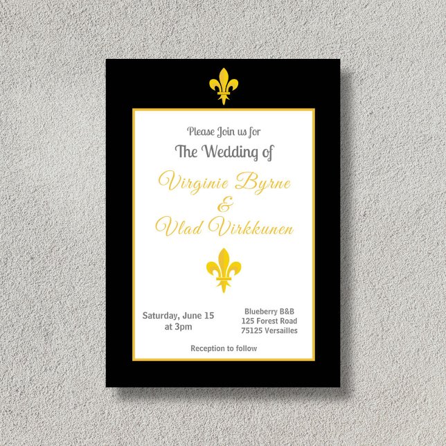 Invitación a la boda de Flor de Lis en negro y oro (Black & Gold Fleur de Lis Wedding Invitation)
