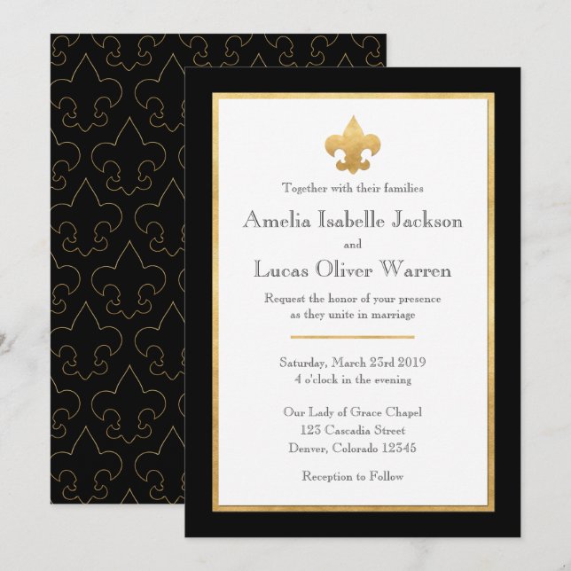 Invitación a la boda de Flor de Oro y Negro de Lis (Anverso / Reverso)