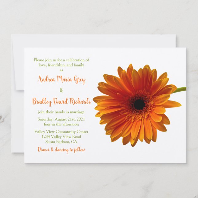 Invitación a la boda de flor del naranja Gerbera D (Anverso)