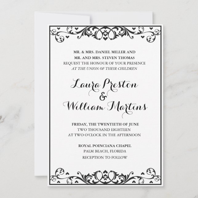 Invitación a la boda de flor negro y corazón (Anverso)