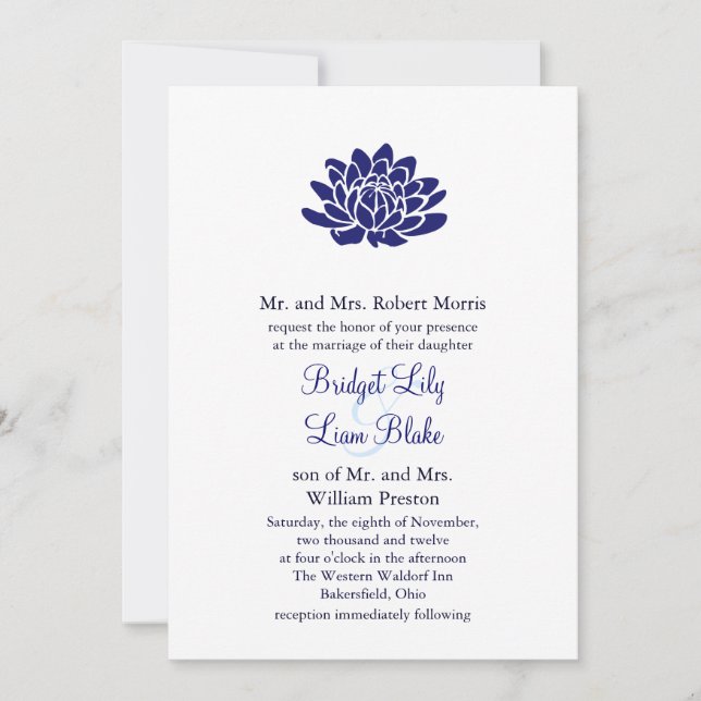 Invitación a la boda de flor Sapphire Blue Lotus (Anverso)