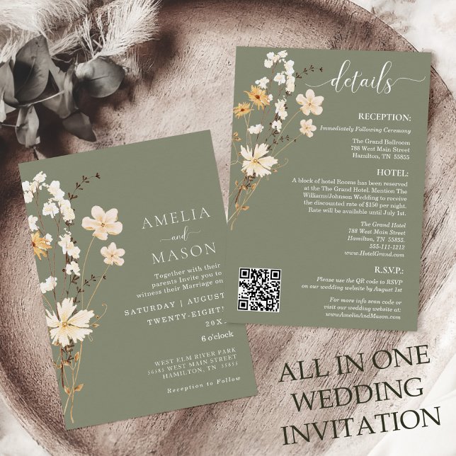 Invitación a la boda de flor silvestre verde sabio (All in One Sage Green Boho Wildflower Wedding Invitation with QR Code)