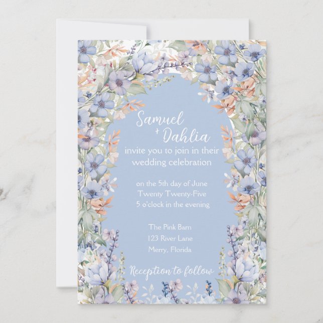 Invitación a la boda de Flora Silvestre Azul con d (Anverso)