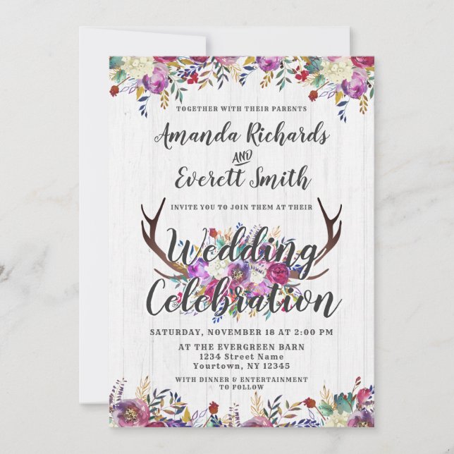 Invitación a la boda de Floral Deer Antler Bouquet (Anverso)