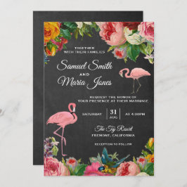 Invitación a la boda de floral Flamingo Chalkboard