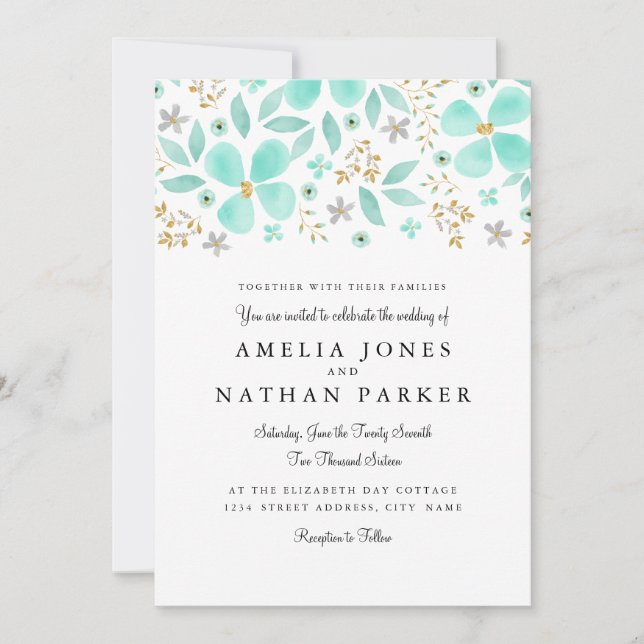 Invitación a la boda de Floral Gold Mint Leaf (Anverso)