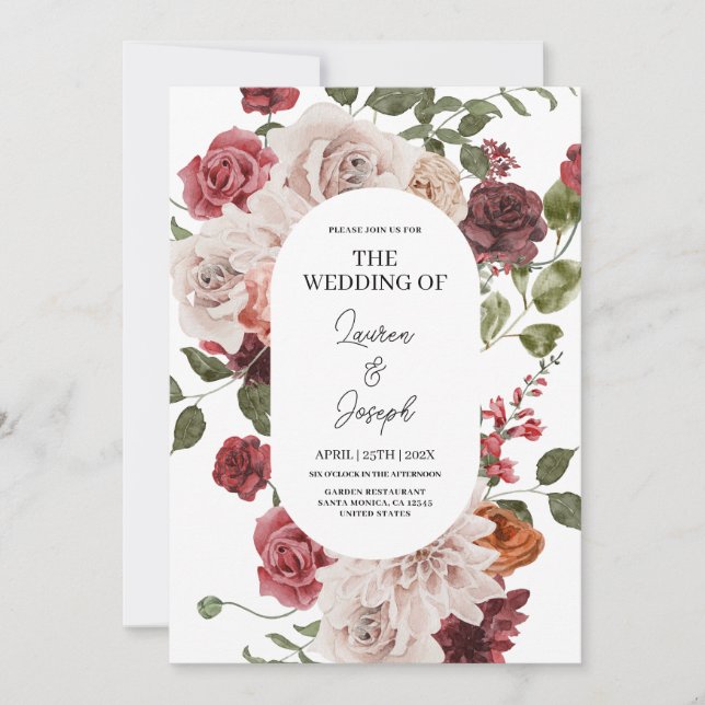 Invitación a la boda de Floral Marsala (Anverso)