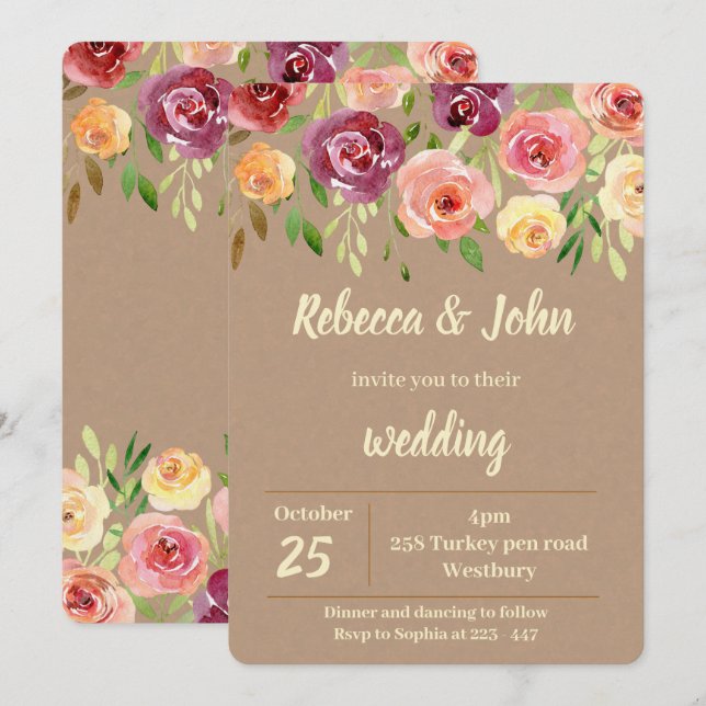 Invitación a la boda de Floral Nude Watercolor (Anverso / Reverso)