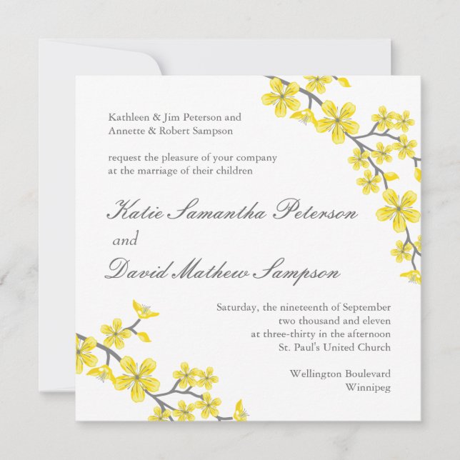 Invitación a la boda de flores amarillas y grises (Anverso)