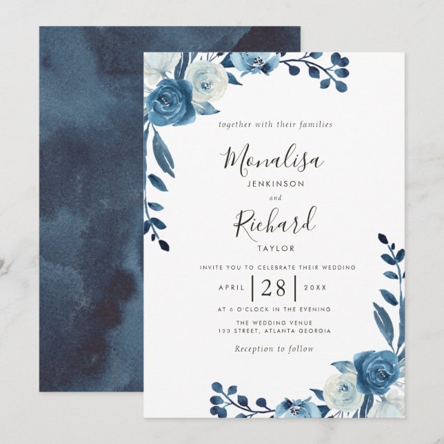 invitación a la boda de flores azules de luna (Anverso / Reverso)