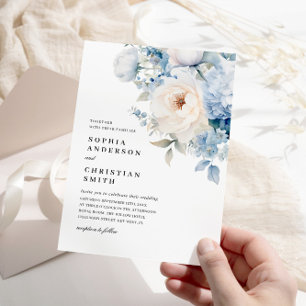 Invitación a la boda de flores azules y blancas