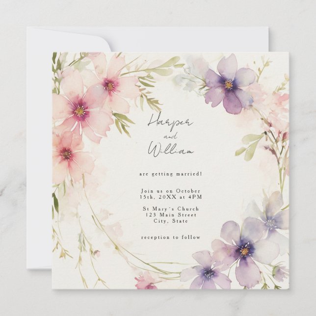 Invitación a la boda de flores azules y rosas past (Anverso)