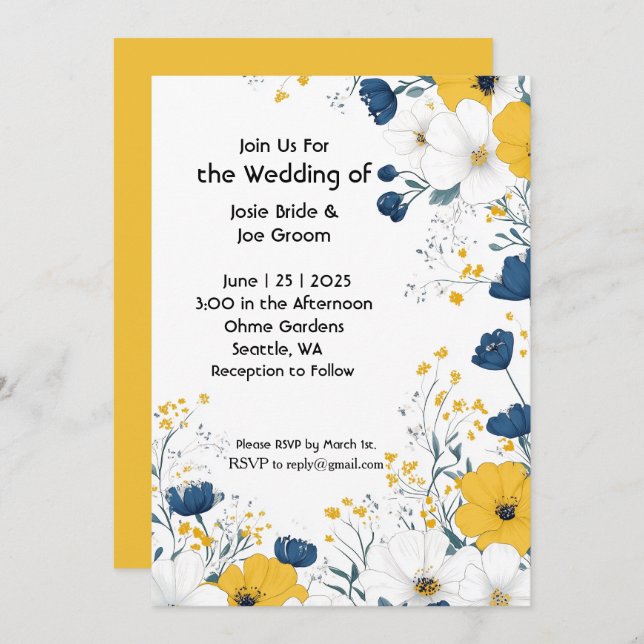 Invitación a la boda de flores blancas amarillas (Anverso / Reverso)
