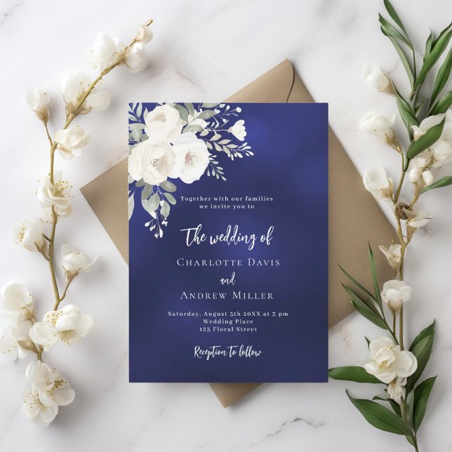 Invitación a la boda de flores blancas azules de l (Subido por el creador)
