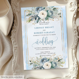 Invitación a la boda de flores blancas azules polv