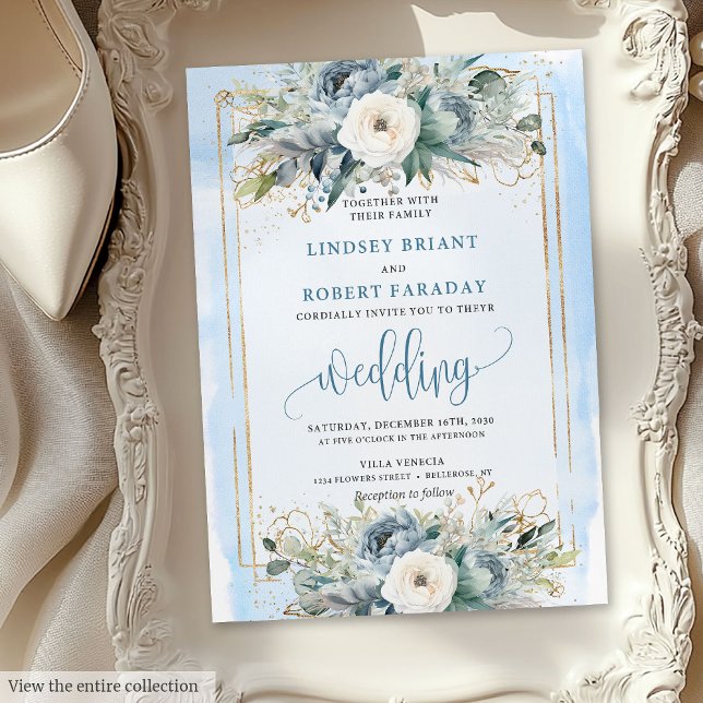 Invitación a la boda de flores blancas azules polv (Bohemian dusty blue white flowers wedding invitation

)