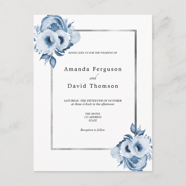 Invitación a la boda de flores blancas de plata az (Anverso)