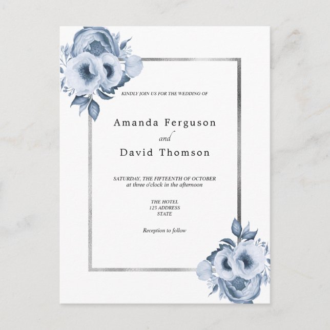 Invitación a la boda de flores blancas de plata az (Anverso)