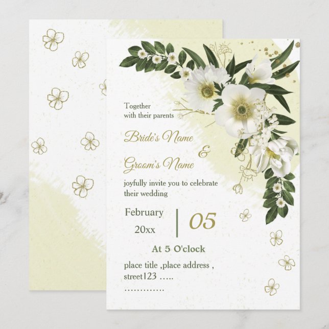 invitación a la boda de flores blancas y doradas (Anverso / Reverso)