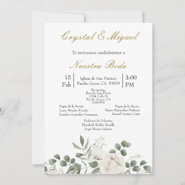 Invitación a la boda de flores blancas y verdes (Anverso)