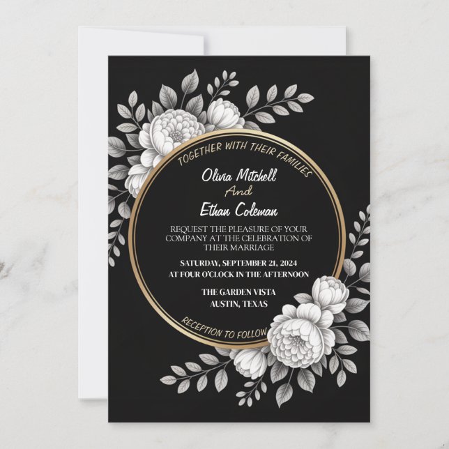 Invitación a la Boda de Flores Blanco y Negro Eleg (Anverso)