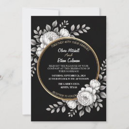 Invitación a la Boda de Flores Blanco y Negro Eleg