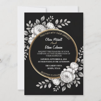 Invitación a la Boda de Flores Blanco y Negro Eleg