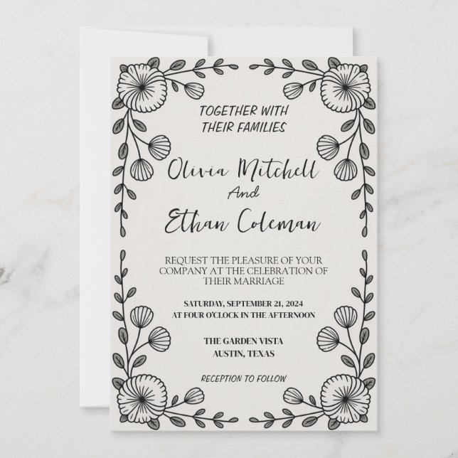 Invitación a la Boda de Flores Blanco y Negro Eleg (Anverso)