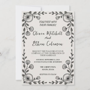 Invitación a la Boda de Flores Blanco y Negro Eleg