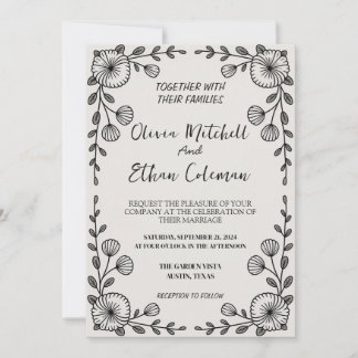 Invitación a la Boda de Flores Blanco y Negro Eleg