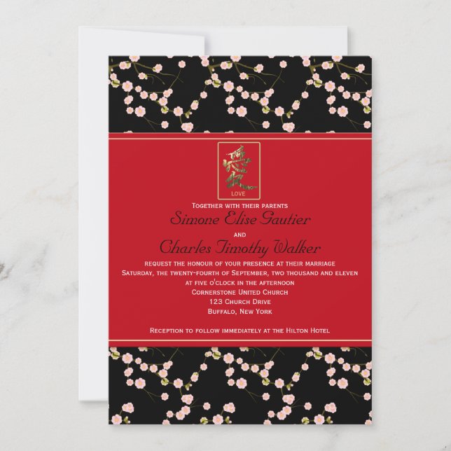 Invitación a la boda de flores de cerezo rojas y n (Anverso)