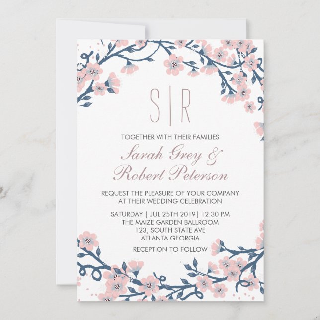 Invitación a la Boda de Flores de Cerezo Rosa (Anverso)