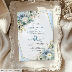 Invitación a la boda de flores de oro azul turques