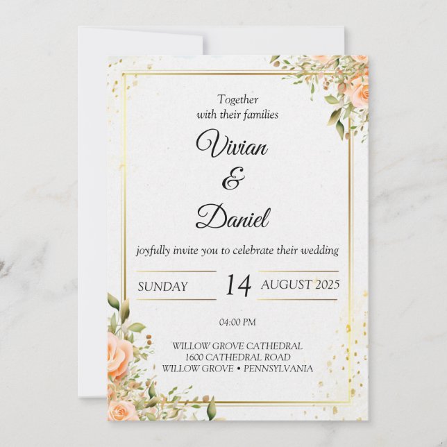 Invitación a la boda de flores de oro y melocotón (Anverso)