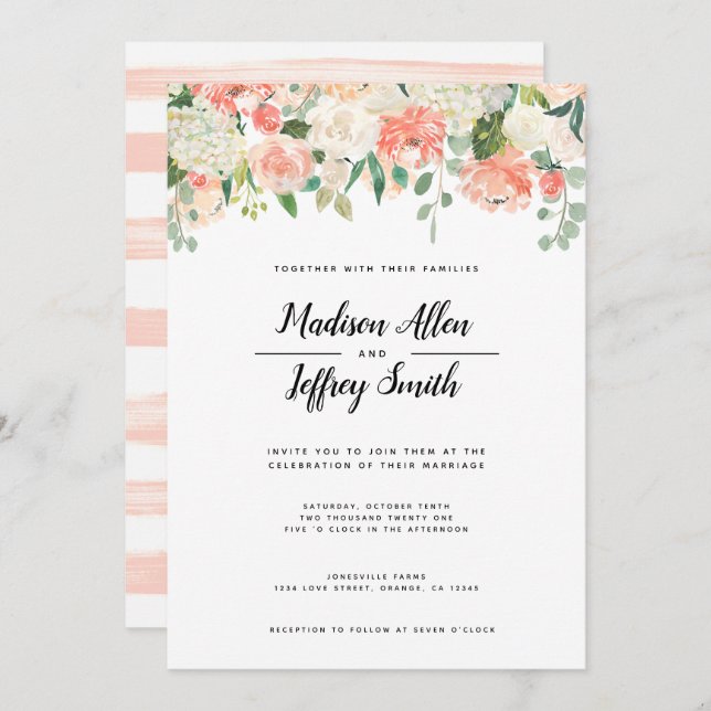 Invitación a la boda de Flores de Peach y Rubor (Anverso / Reverso)
