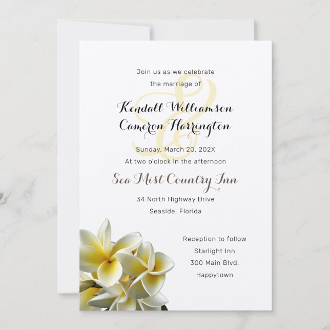 Invitación a la boda de flores de plumeria amarill (Anverso)
