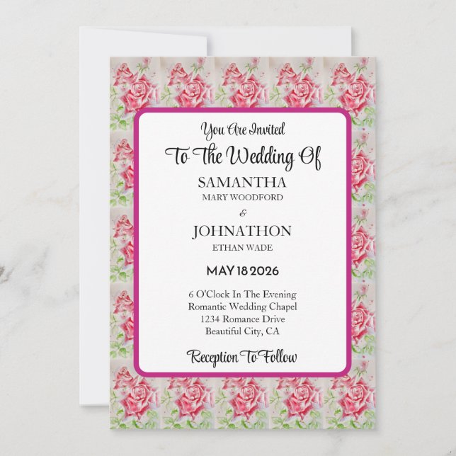 Invitación a la boda de flores de Rosas de rosa (Anverso)