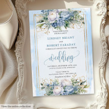 Invitación a la boda de flores doradas azul pastel