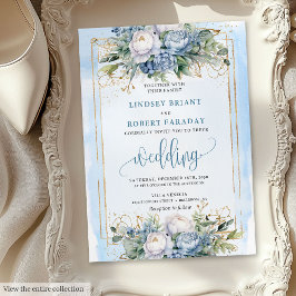 Invitación a la boda de flores doradas azul pastel