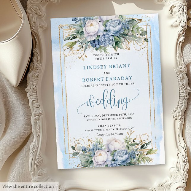 Invitación a la boda de flores doradas azul pastel (Modern pastel blue gold flowers wedding invitation

)