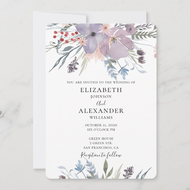 Invitación a la boda de flores moradas. Invitación (Anverso)