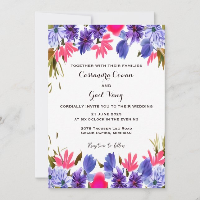 Invitación a la boda de flores moradas rosadas (Anverso)