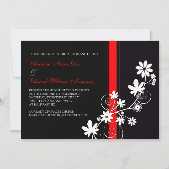 Invitación a la boda de flores negras y rojas (Anverso)