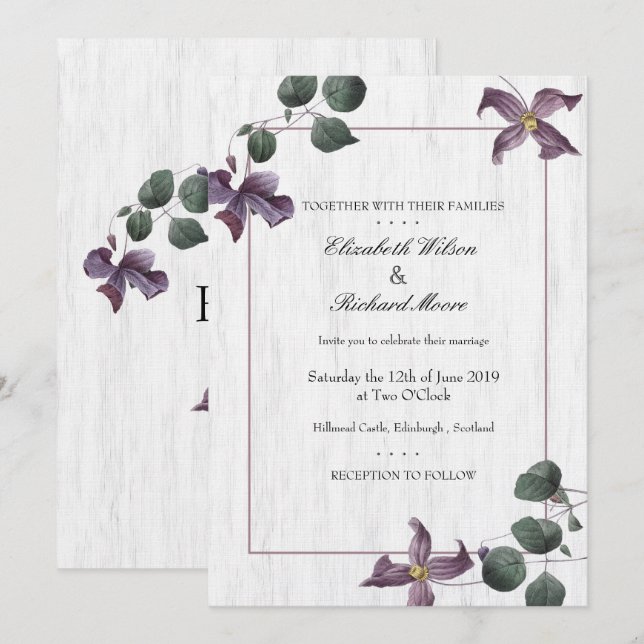 Invitación a la boda de Flores Púrpura de Madera B (Anverso / Reverso)