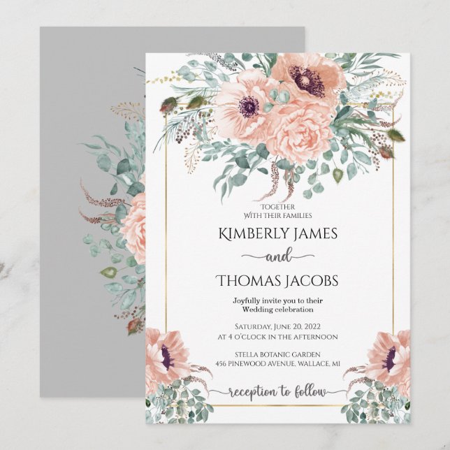 Invitación a la boda de flores rosadas (Anverso / Reverso)